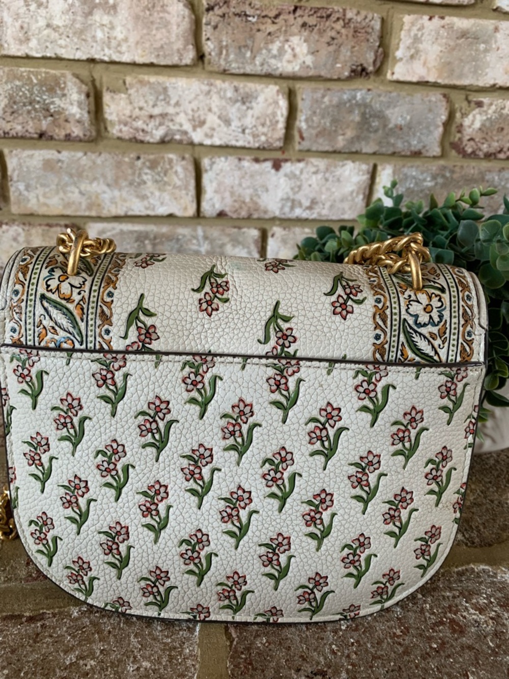 Tory Burch Cream Floral Printed Leather Crossbody with Gold Chain - Picture 10 of 16